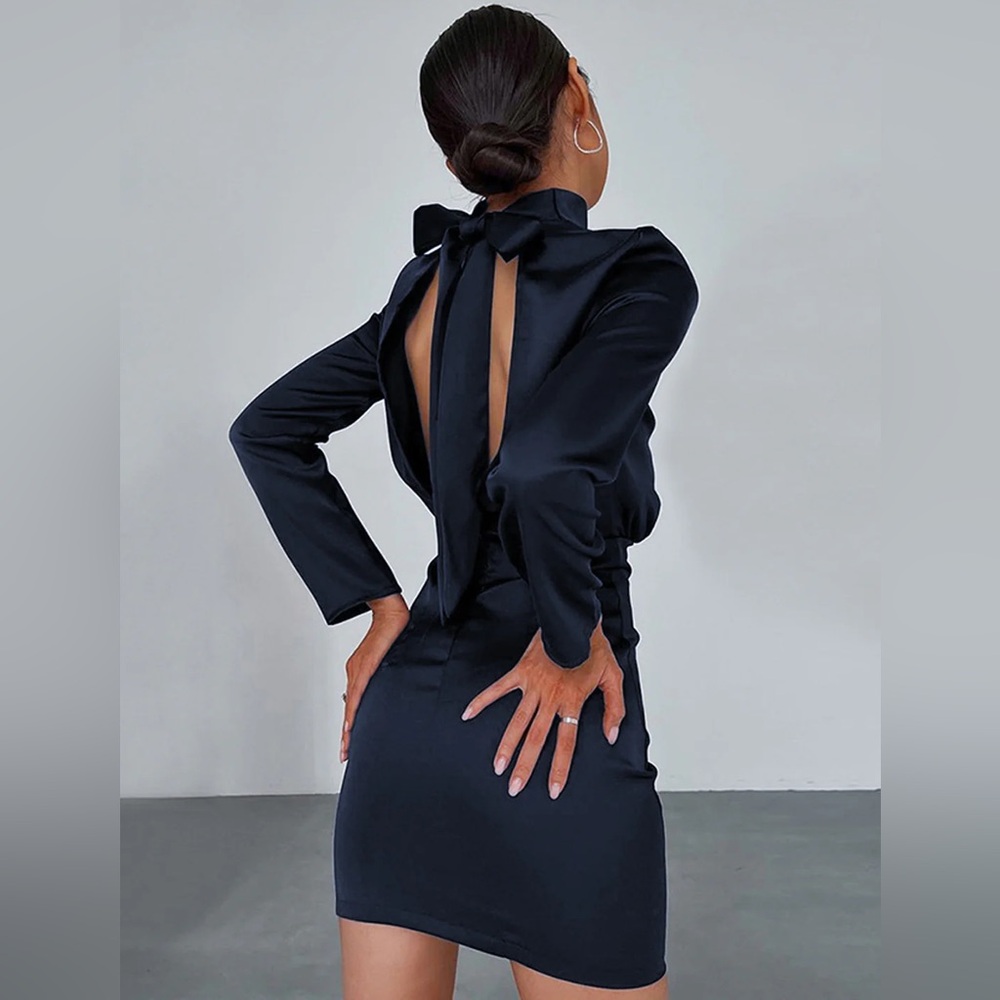 Commense Satin Mock Neck Tie Back Open Back Mini Dress